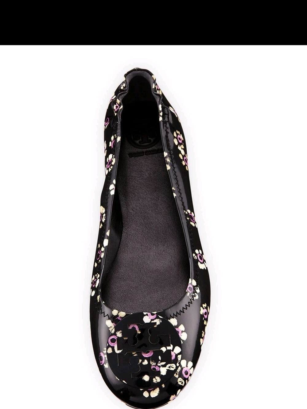 Tory Burch Black Patent Floral Ballet Flat with Logo Medallion